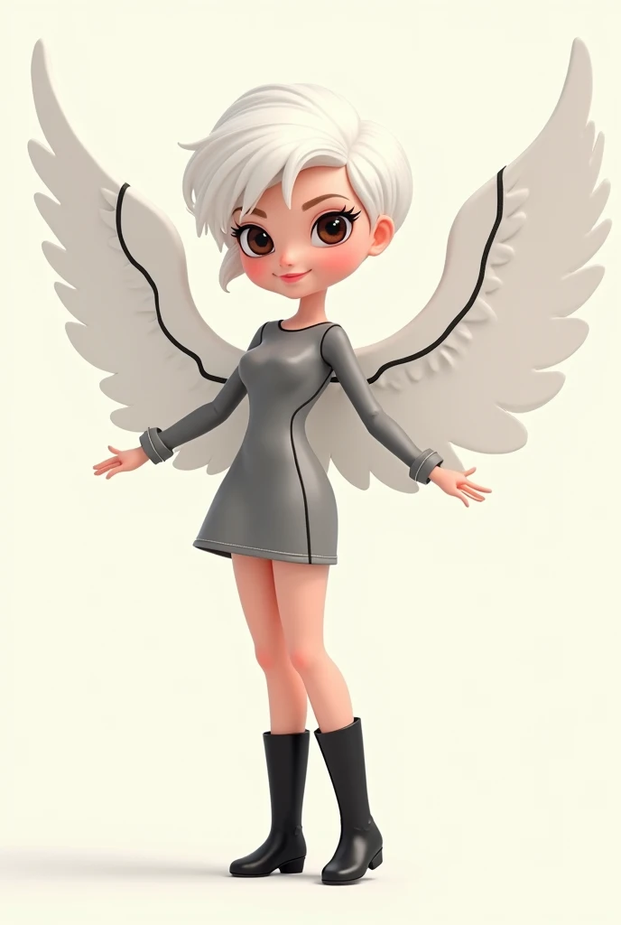 BARBIE CARTOON Style Angel white wings with a black line ,grey long sleeve fitted dress black boots ,Dark brown eyes, short white hair ,White skin