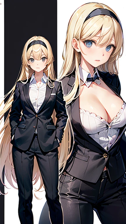 Beauty,Around 20 years old,
((Blonde)),
(blackの瞳),
(Semi-long hair:1.7),
(expression:Puzzled),
Squat,
Place your arms on your thighs,
Big Breasts,Cleavage:cover,
((business suit:No wrinkles:blackとStriped patternの柄)),
((Dress shirt:Open chest)),
((Slack Pants:No wrinkles)),
((blackのスカーフ:Striped pattern)),
((Rose headband:black)),
(Plain background:grey:1.5,ID photo),
4K,
high quality,
Highest quality,
Delicate shades,
Detailed depiction,
Depict the whole,
Facial Contour,
Perfect body structure,
Perfect skeleton,
Perfectly symmetrical eyes,