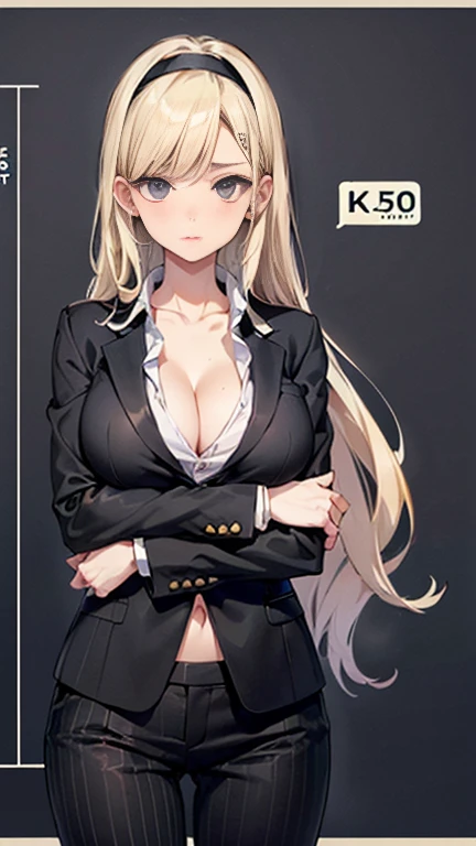 Beauty,Around 20 years old,

((Blonde)),
(blackの瞳),
(Semi-long hair:1.7),
(expression:Puzzled),
Squat,
Place your arms on your thighs,
Big Breasts,Cleavage:cover,

((business suit:No wrinkles:blackとStriped patternの柄)),
((Dress shirt:Open chest)),
((Slack Pants:No wrinkles)), 
((blackのスカーフ:Striped pattern)),
((Rose headband:black)),

(Plain background:grey:1.5,ID photo),

4K,
high quality,
Highest quality,
Delicate shades,
Detailed depiction,
Depict the whole,
Facial Contour,
Perfect body structure,
Perfect skeleton,
Perfectly symmetrical eyes,