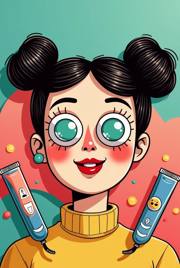 Woman's face with buns covering her eyes with two hair cutting machines in cartoon style