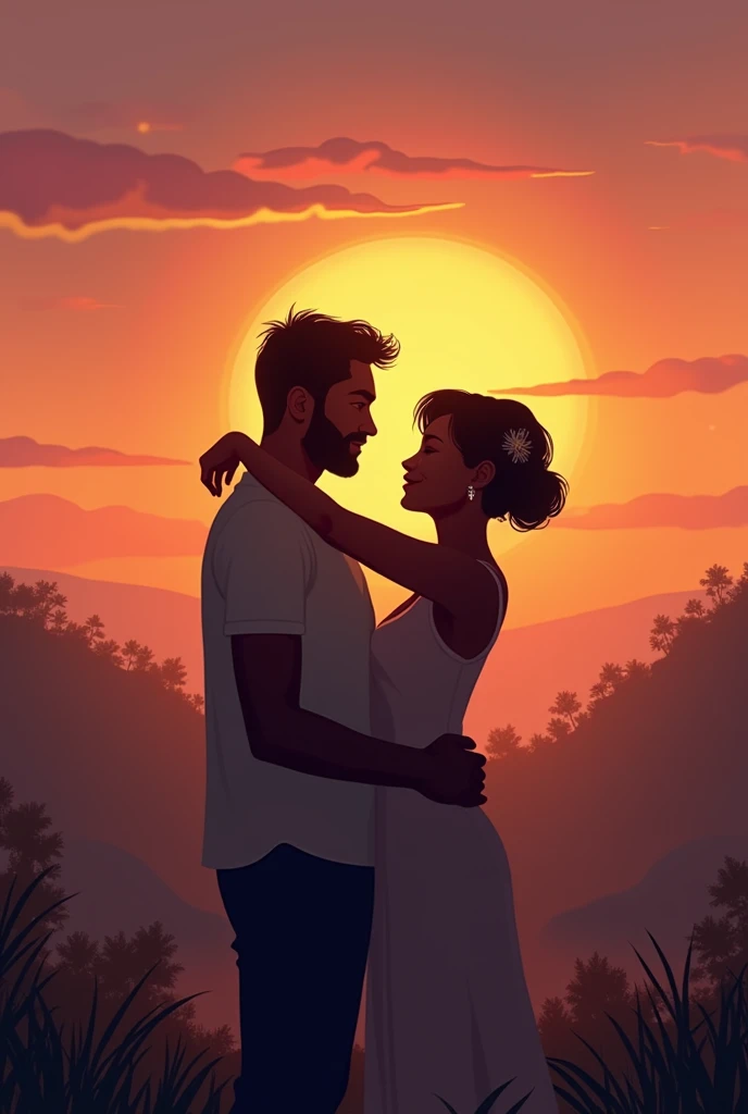 A BEAUTIFUL place a sunset, with a woman hugging a black man just like the black woman so they don&#39;t show too much
