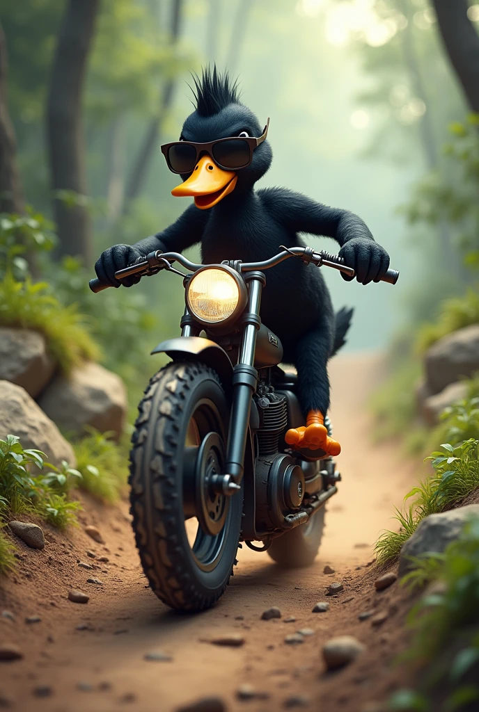 Black duck with sunglasses, riding a trail bike