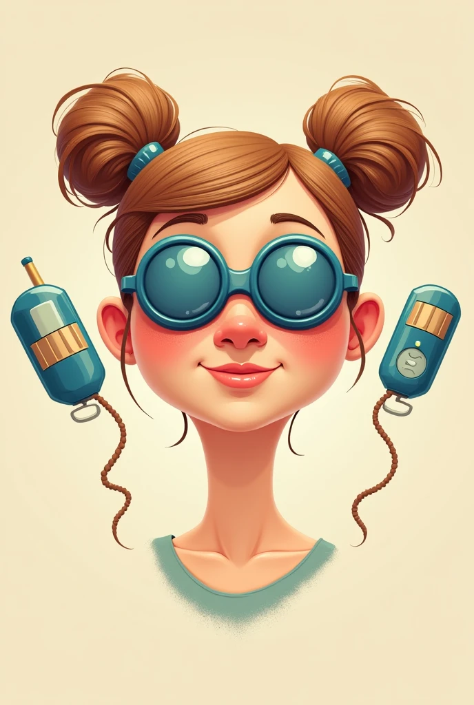 Woman&#39;s face with buns covering her eyes with two hair cutting machines in cartoon style