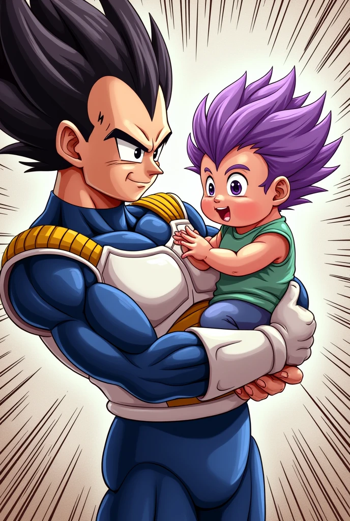 A baby with purple hair being carried by Vegeta in manga style 