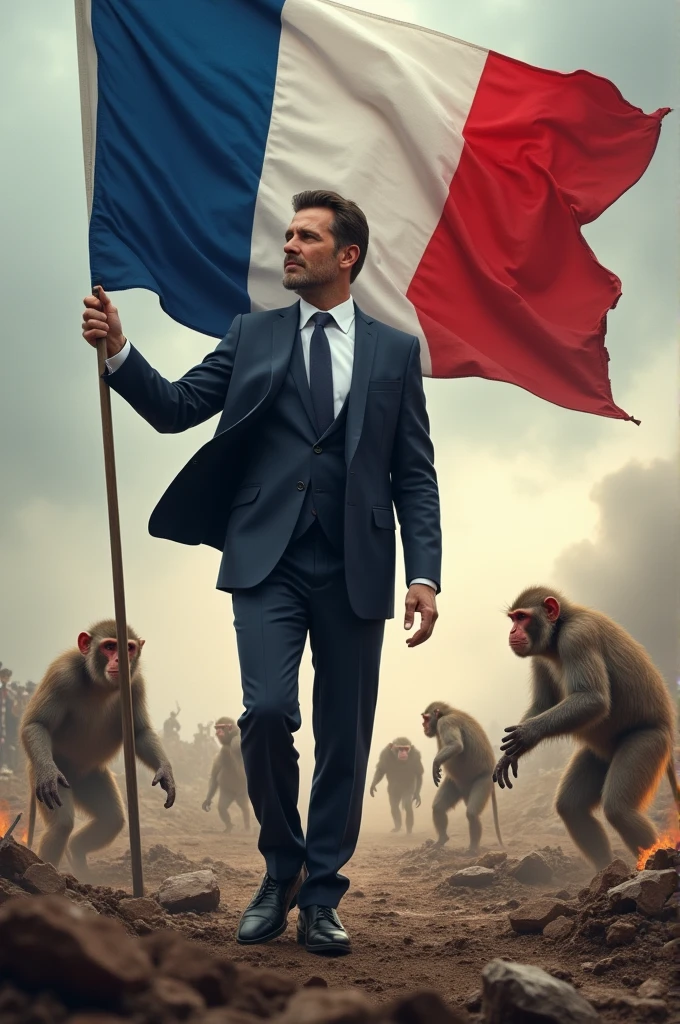 Jordan Bardella the politician in a suit Holding a French flag on a battlefield Opposing Politicians to monkeys