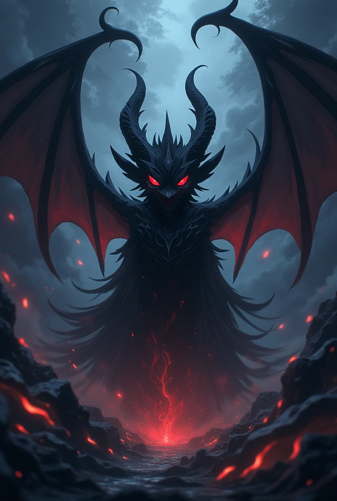 an anime mark with following things 

Dystopian Crown: In the center of the symbol is a dark and distorted crown. The crown is pointed and has sharp claws that extend upwards, as if made of bone or black metal. The crown appears to be broken in some places, symbolizing corruption and the decay of power.

Evil Eye: Within the crown is a single, menacing eye. The iris is a deep red, with a vertical pupil, reminiscent of that of a reptile or demon. The eye appears to be ever vigilant, emitting a faint dark aura.

Black Flames: Around the crown and the eye, black flames rise, with contours that seem to flow and intertwine like living shadows. The flames emanate a sensation of hellish heat, but at the same time are cold to the touch, reinforcing the contrast of the demonic nature.

Runes or Magical Symbols: At the base of the crown, engraved in a semicircular arc, are ancient runes that appear to glow a dark purple. These runes are incomprehensible, but convey the sense of arcane power and curse.

Demonic Wings: From either side of the crown extend demonic, bat-like wings, with torn membranes and sharp claws at the tips. The wings are a pitch black, with a subtle glow of red, giving the impression that they could envelop and suffocate anything that comes near.