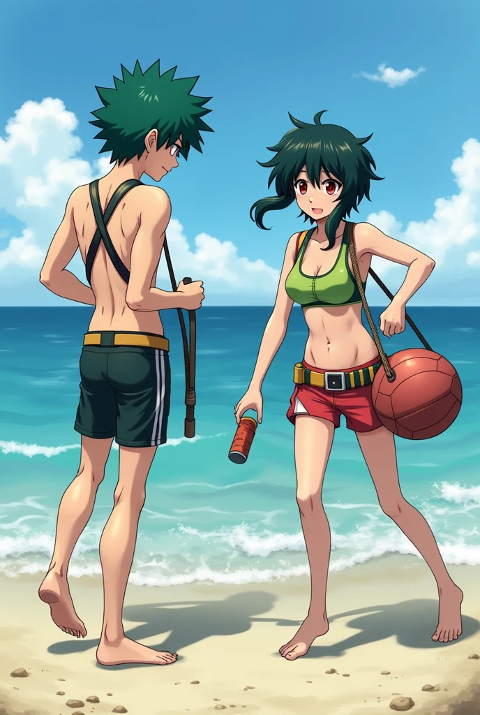 Make two Midoriya Izukus, one with green hair and eyes and the other with black hair and red eyes., and they are doing training on the beach using equipment 