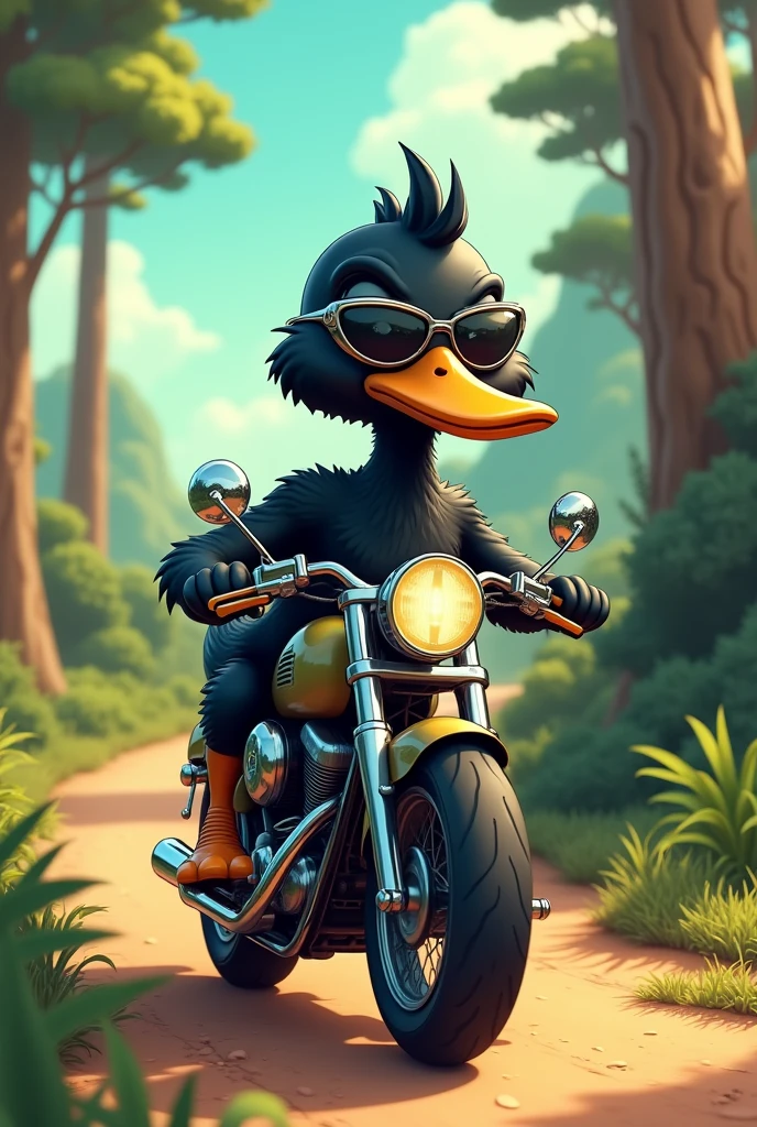 Black duck with sunglasses, riding a motorcycle,
trail