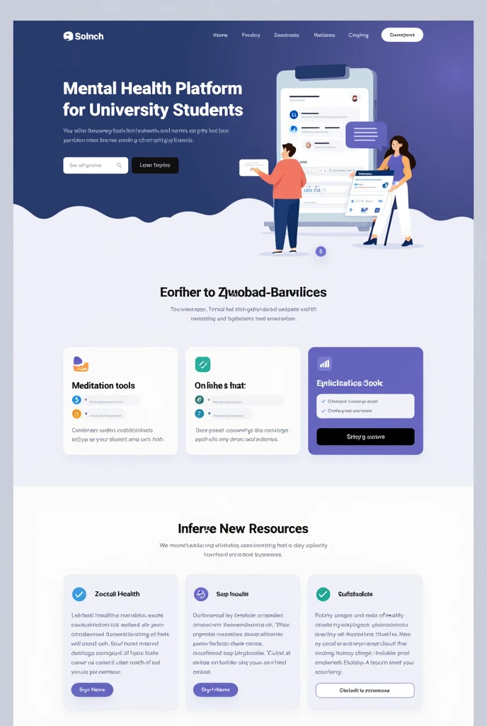 page web . that has: Title: "Mental Health Platform for University Students" Functionalities: meditation tools, online chat, and educational resources.