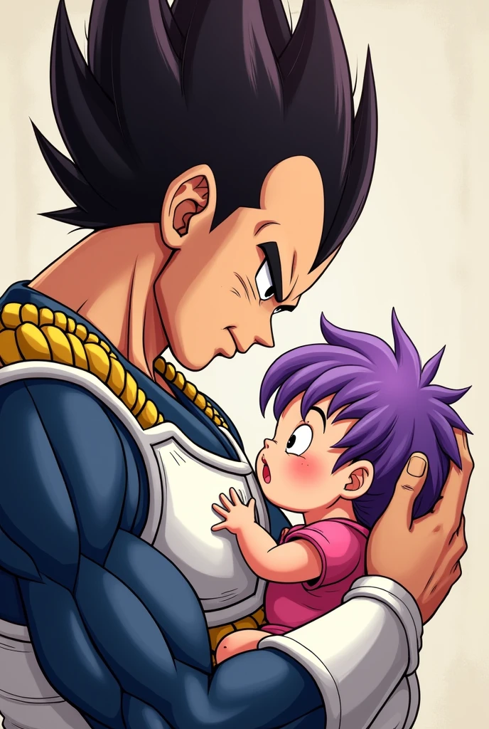 A very cute baby girl with purple hair being carried by Vegeta manga style 