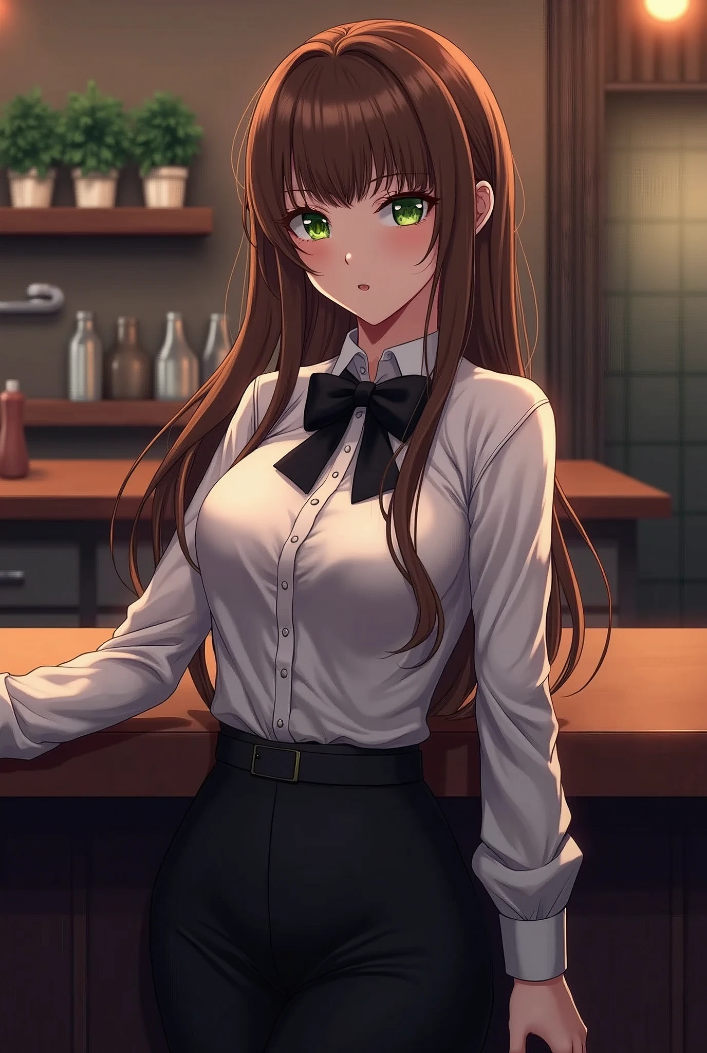 (masterpiece), 1girl, solo, perfect adult female body, (sexy and seductive pose:1.3) BREAK bar interior at night, countertop, plants on shelf BREAK EPsmSailorMercury, long hair, brown hair, green eyes BREAK Peter Pan Collar Shirt, black bow BREAK Black business pants