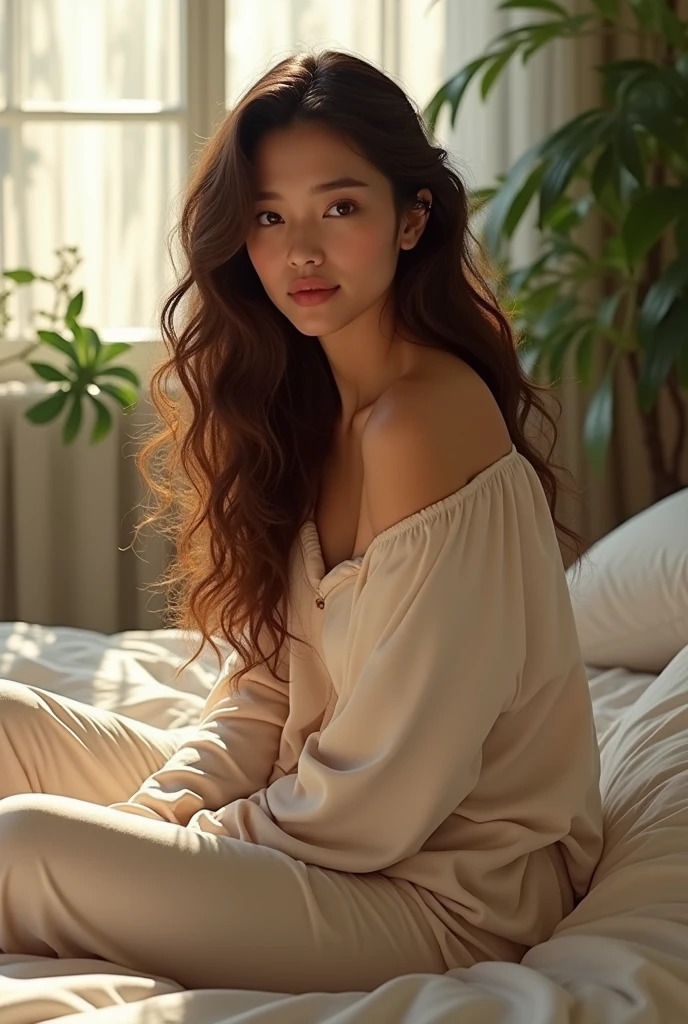(photorealism:1.2), beautiful woman, sitting on bed, wearing loose off-shoulder top, pajama pants, long curly hair, indoors, soft lighting, plants in background, window with sunlight, cozy room, relaxed pose, realistic, intricate details, warm colors, by Greg Rutkowski, by Alphonse Mucha