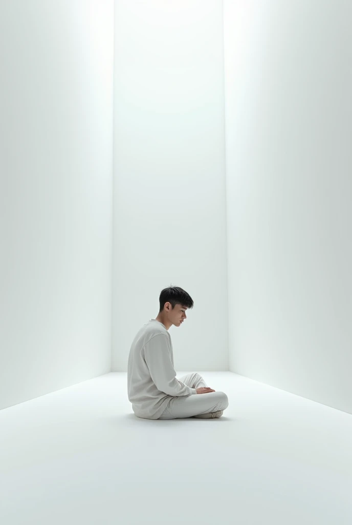 Young man sitting alone in a very large all white room