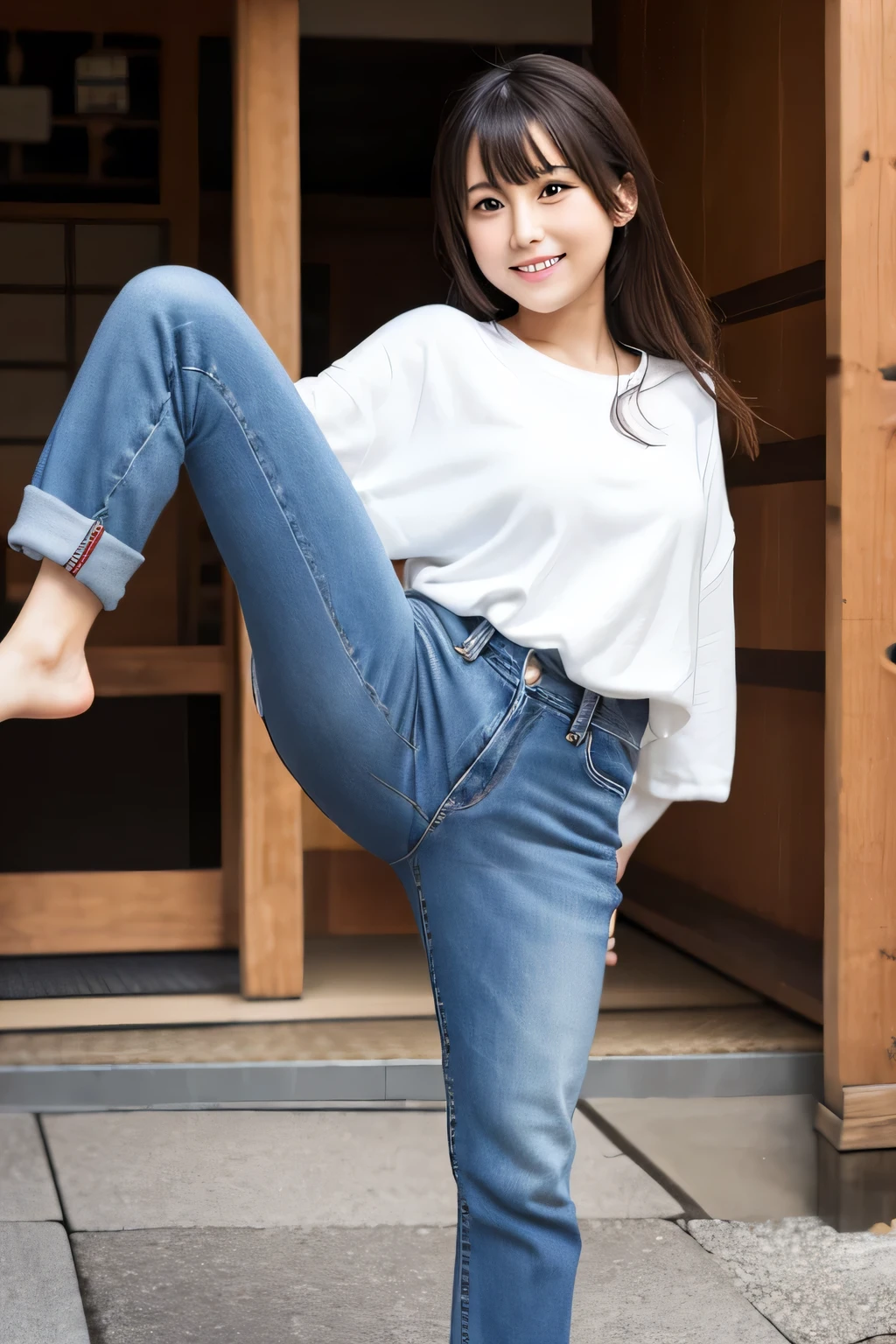Make a high kick、Japan woman in jeans