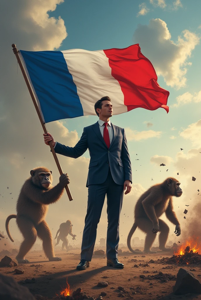 Jordan bardella une personne jeune et dynamique, politicien en costard Tenant un drapeau français sur un champ de bataille Opposant des Politiciens a des singes