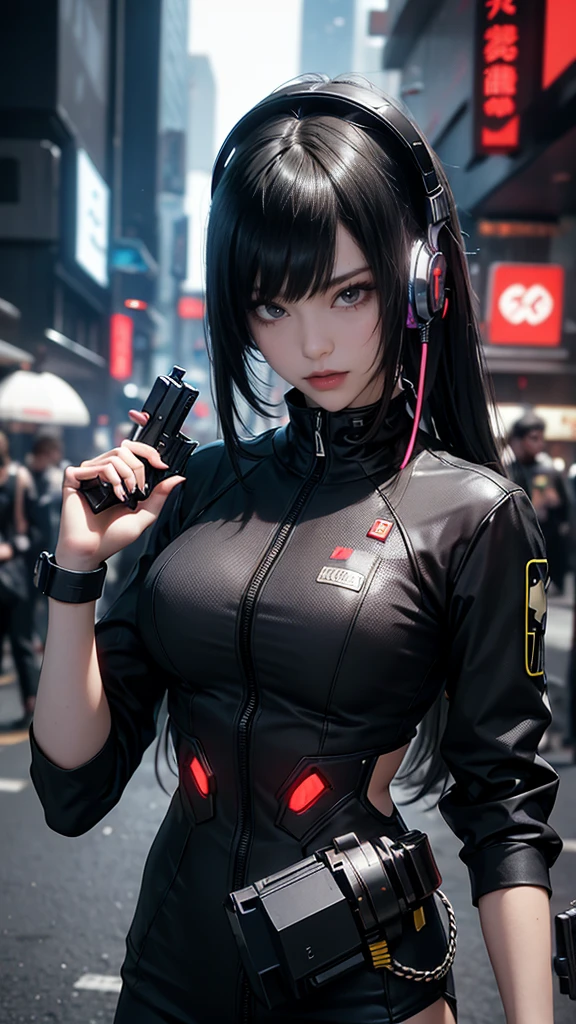 Arafed woman in uniform with headphones and a gun., perfect android girl, female cyberpunk anime girl, cosplay chica anime, perfect anime cyborg woman, cyberpunk anime girl, professional cosplay, trend on cgstation, mechanized soldier girl, beautiful android woman!, cosplay anime, cyberpunk 2 0 years. o model girl, cyberpunk oppai, linda chica cyborg