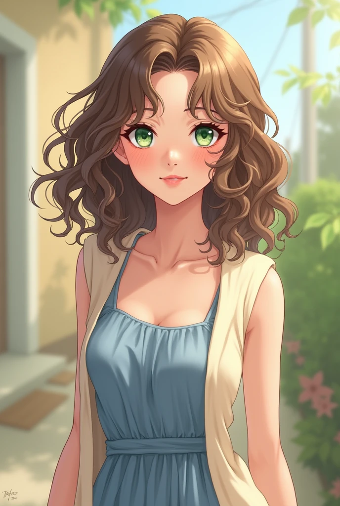 A delicate and elegant girl, shy but cheerful looking. Light brown curly hair that reaches above her shoulders, bright green tabby eyes. A round but slender face with long eyelashes and slightly marked and feminine lips, and discreet makeup. Her complexion is somewhat chubby and somewhat short, She has a bit of thighs and thin arms, slightly marked hips and somewhat bulging medium-sized breasts. She wears a loose-fitting cream-colored vest and a casual but simple-style blue dress.. She has a smile and a somewhat seductive look
