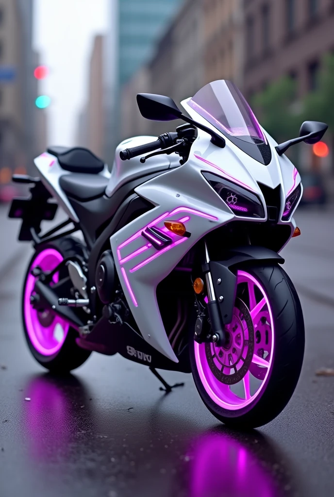 White Suzuki GSX R 150 motorcycle with purple rays on the motorcycle tank and rims blurred with purple