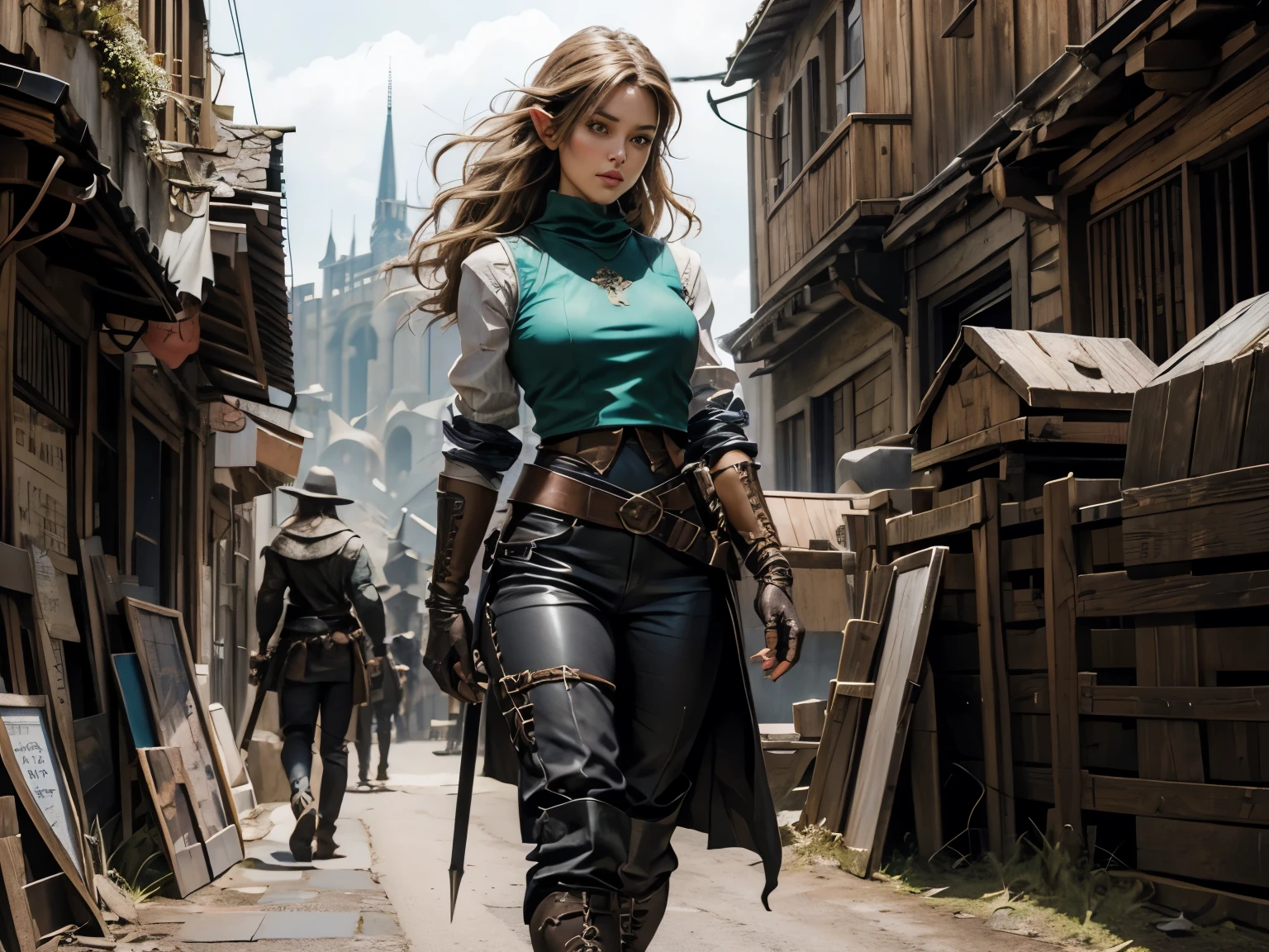 ((Medieval fantasy setting)). Tags: super detail, high details, high quality, best quality, highres, 4K, portret, detailed face, face fix, 1girl
"Echo is a 22-year-old half-elf. She has light brown skin. Thick light chestnut hair with caramel highlights and soft waves. Brown eyes with green hues. Her beautiful face is oval with soft features and pronounced cheekbones. She has full and attractive lips with a natural blush. A slight scar over her right eyebrow. Her ears are small like a human's but pointed like an elf's. Her physique is athletic and slim, she toned and flexible. She has a round and elastic body shapes."
Clothing. Vest: A leather vest of dark turquoise color, closes the body, providing protection to the chest and back. Metal inserts inside the vest provide additional protection without increasing weight. The vest closes with a lace-up front that is easily tightened for a comfortable fit.
Pants: Dark brown leather pants with a high waist, emphasize the hips and waist without restricting movement. There are special pockets on the hips for throwing knives, which are closed with metal fasteners. The leather is thick but flexible, allowing for free movement.
Gloves: Dark brown fingerless leather gloves with reinforced knuckles and wrists. They protect the hands during combat, but leave the fingers free for manipulating weapons.
Boots: Dark brown knee-high leather boots with reinforced toes and heels, hidden inside compartments for daggers. The sole is soft, which allows you to move silently.
Background: Deserted fantasy medieval alley in the old city.