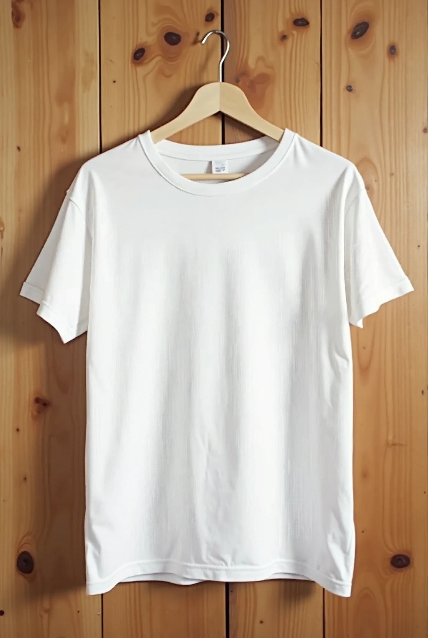 generates an image of a white t-shirt hanging on a hanger, on a wooden background