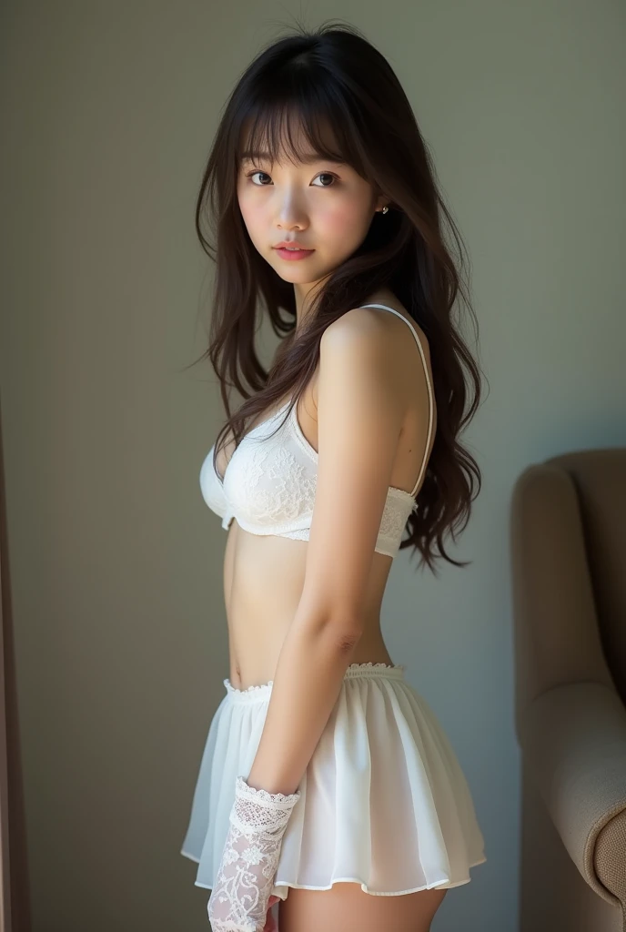 (There was a 16 year old Japanese girl., Despite being only , have a slim body, medium chest, And a very cute baby face.:1.5),(full body portrait:1.5),very narrow waist,Pure white sheer miniskirt lingerie, Lace gloves, High heels and garter stockings,Frightened look,Stand empty-handed and turn your gaze away,The girl is looking for somewhere,A secret shot taken from a distance