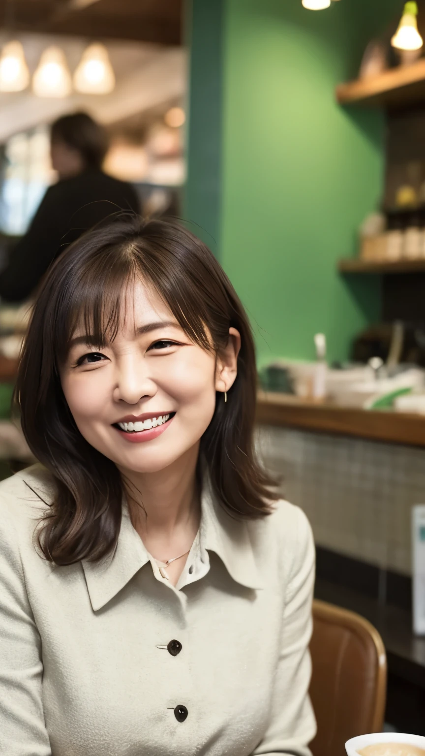 8k wallpaper, masterpiece, Highest quality, Very detailed, One Mature Woman, 50 years old, Become very clear, Wearing a spring-like shirt, Skin dents, Captivating smile, Looking at the audience, , Plump, Curvaceous, Attractive face, Smiling with teeth showing, I was happy, sitting in a cafe, Background Blur