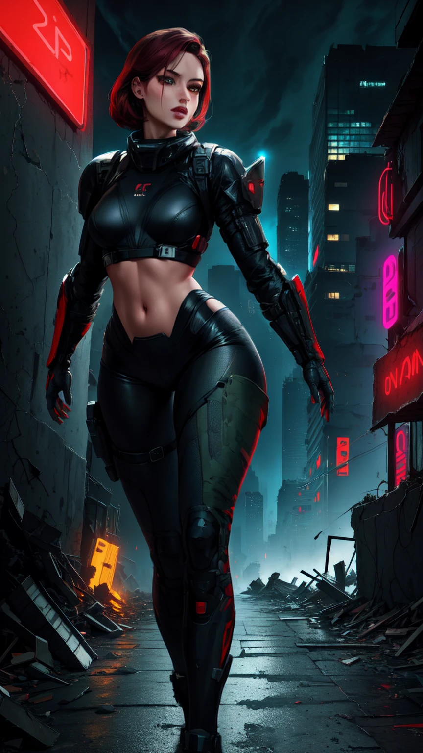 (promotional art), (Whole body), Jane Shepard, solo,short hair,red hair,green eyes,
Shepard, black power armor,  
Walking towards camera, N7, (damaged N7 armor exposing midriff:1.2), left thigh showing, 
City ruins, neon lights, (insanely detailed, beautiful detailed face, masterpiece, best quality)  