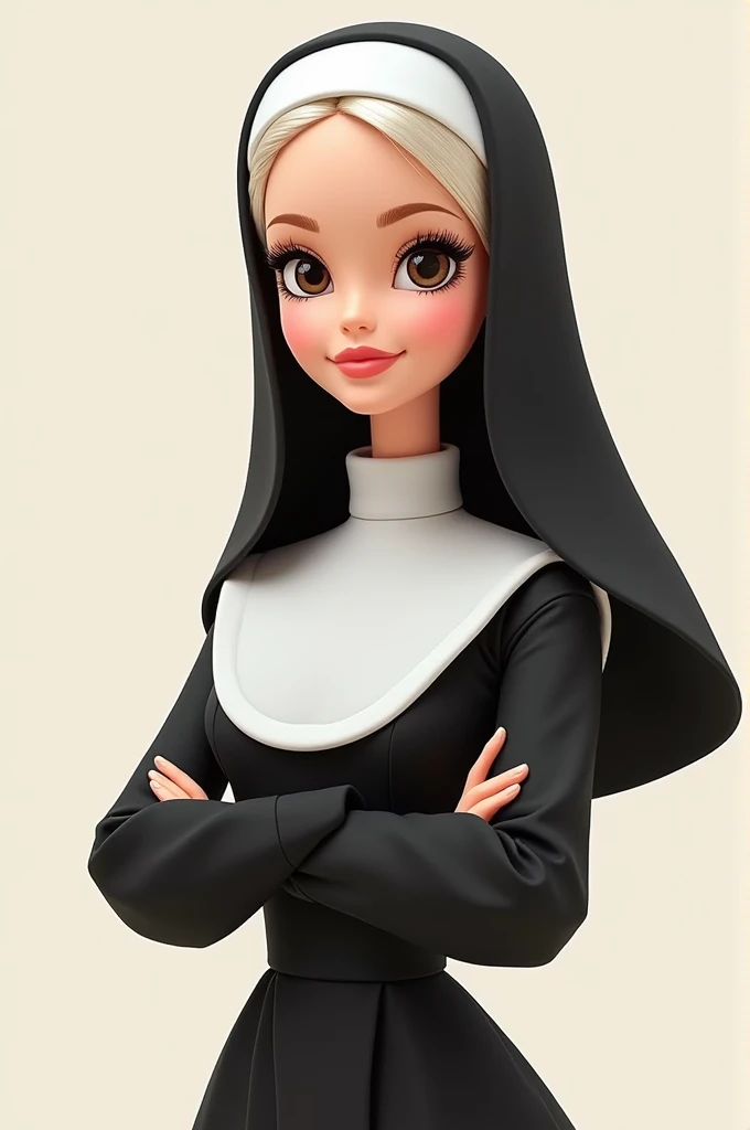 Barbie CARTOON style dressed as a nun, short dress, brown eyes, white hair, white skin
