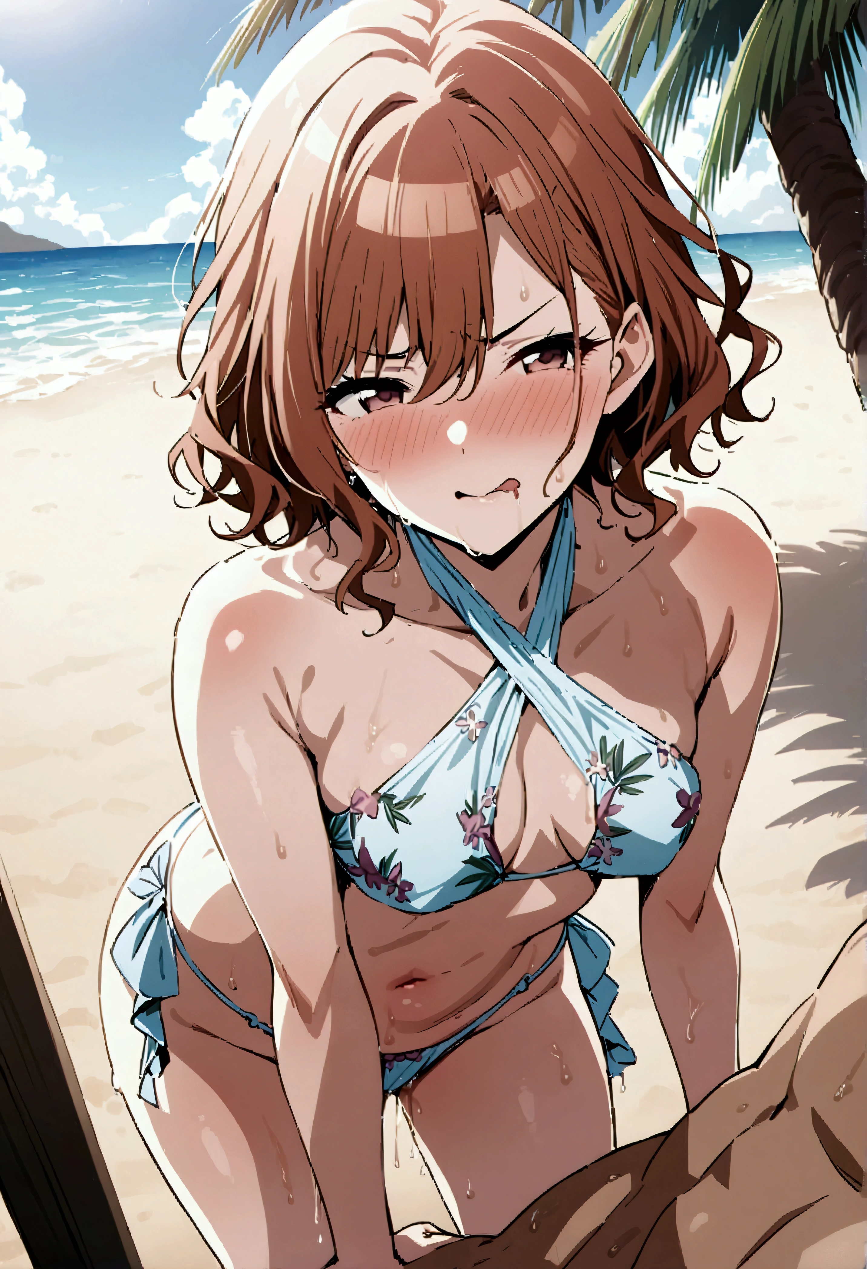 NSFW,masterpiece,Highest quality,High resolution,Very detailed,Madoka Higuchi\(The Idolmaster Shiny Colors\),Summer Hair、High quality sexy bikini、Halter neck、Floral,beach,Palm tree,Rock Shade,Parasol,gravure,Sexy pose,(Lustful face),Angry face,Grit your teeth,Drooling,blush,Wet,(Strong young man),Picking Up Girls,(Mating),heart,(Have sex)