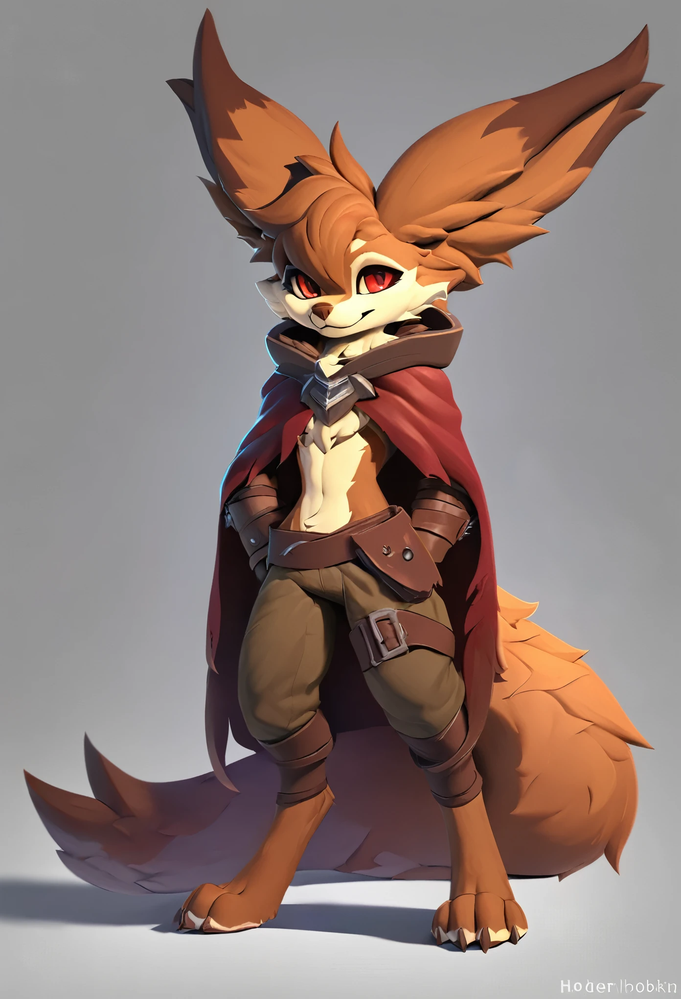 (top quality, best quality, High-quality illustrations, masterpiece) (hobkin, furry, anthro), male, full body concept, huge tail, fluffy fur, red eyes, cape clothing