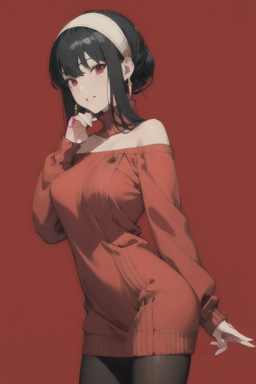 best quality, extremely detailed, anime style, key visual,
8k, high res,
ROUND BREASTS, medium BREASTS
simple background,
1girl, big breasts, slender, waist, (muscular:0.8)
black hair, red eyes,
BBYORF, SHORT HAIR WITH LONG LOCKS, WHITE HAIRBAND, RED EYES, GOLD EARRINGS, LARGE BREASTS, JEWELRY, OFF SHOULDER, RED SWEATER, SWEATER DRESS, LONG SLEEVES, BLACK PANTYHOSE
smile , parted lips, watching at viewer
sexy pose, hand to chin
