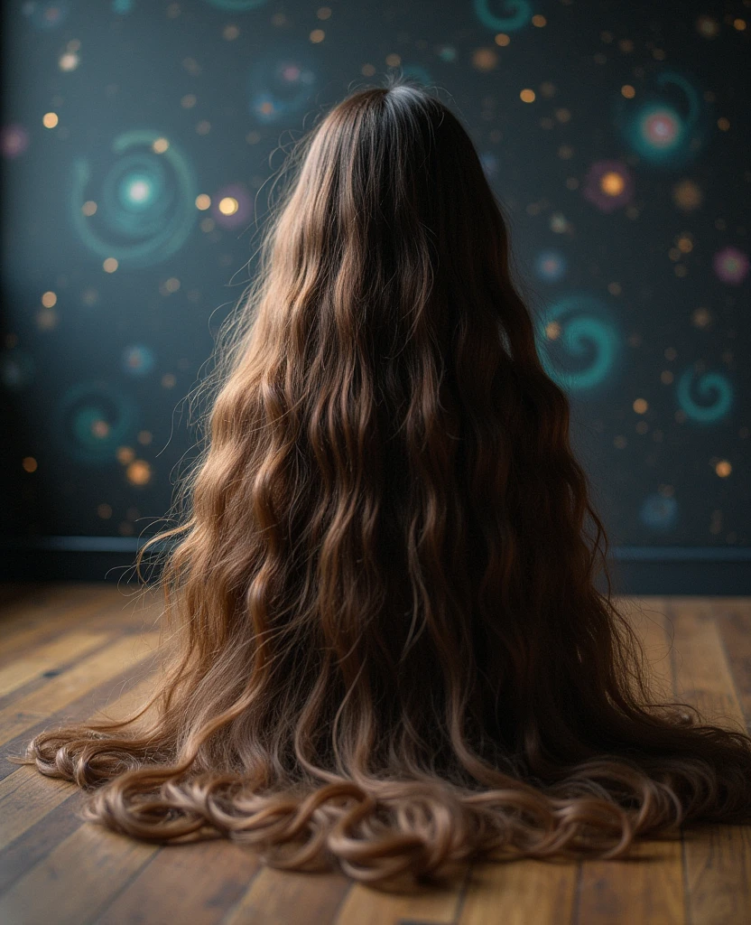 boy with very long hair down to the floor, hair that shows the universe.