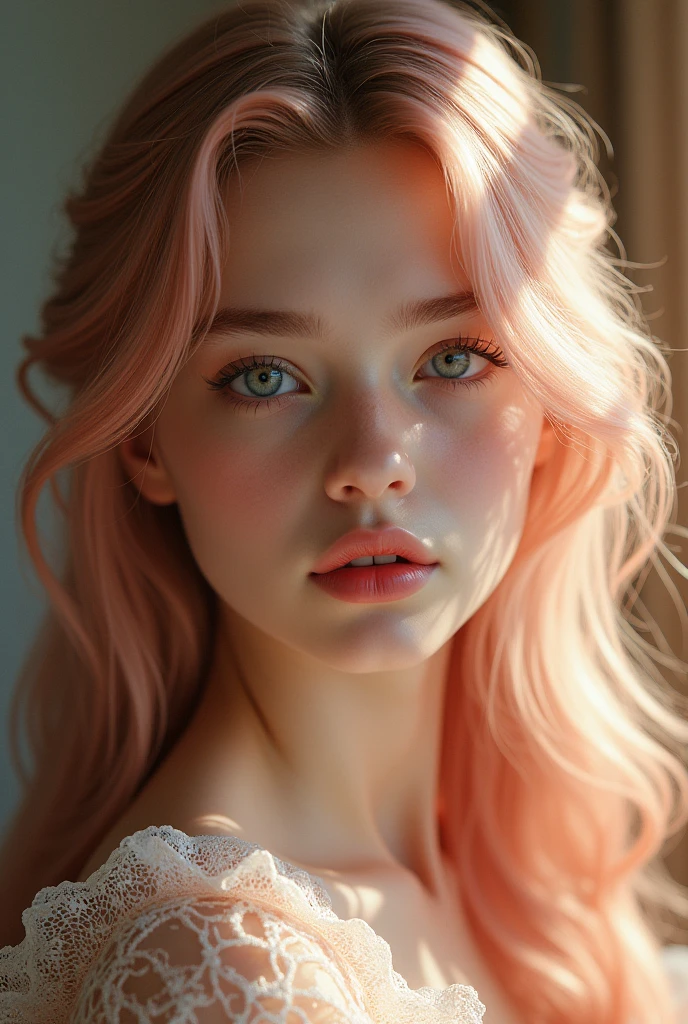 An 18 years old girl with pale skin and long, wavy rose_gold hair. large and magenta colored eyes, full lips, with an adorable, and innocent face. She should have a happy expression, wearing a pink, gold, and rose gold colored dress, with an elegant and spider web lace theme, something that emphasizes her sweet and compassionate personality. Overall, her appearance would be striking, attracting curious looks. small chested, slender, cinematic lighting, chromatic aberration, backlighting, masterpiece, high details, high quality, 4K.
