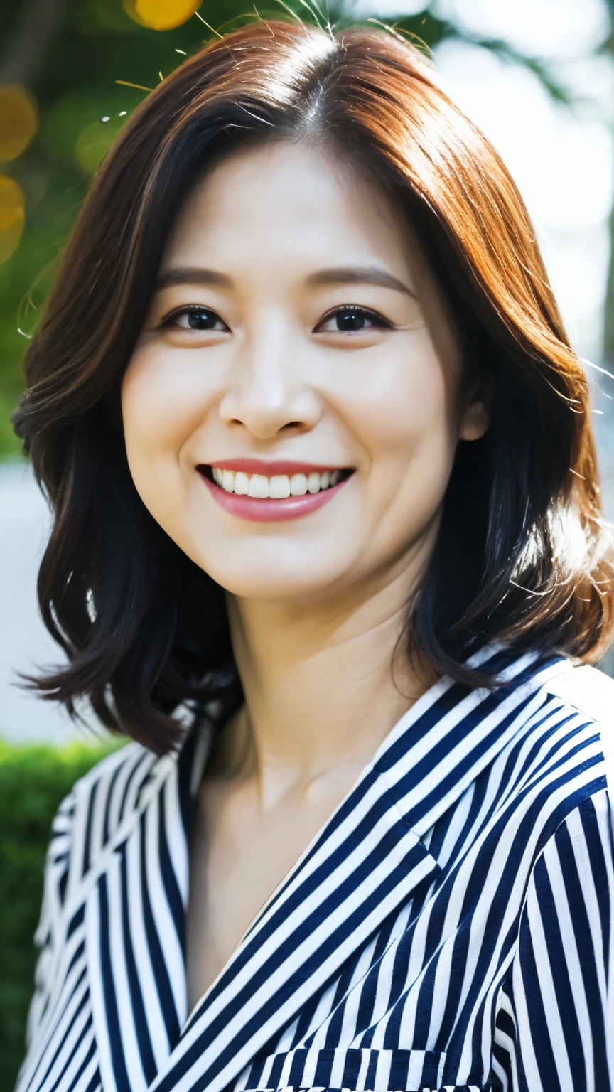 最high quality, In 8K, whole body, Real, Upper Body, high quality, High resolution, Detailed face, Detailed eyes, Thick lips, (Look at the viewers), alone, Middle-aged women, , 60 years old, , Wavy Hair, , Wearing short sleeves, Standing in front of a fountain, Wrinkles around the eyes, Smiling with teeth showing, Background Blur