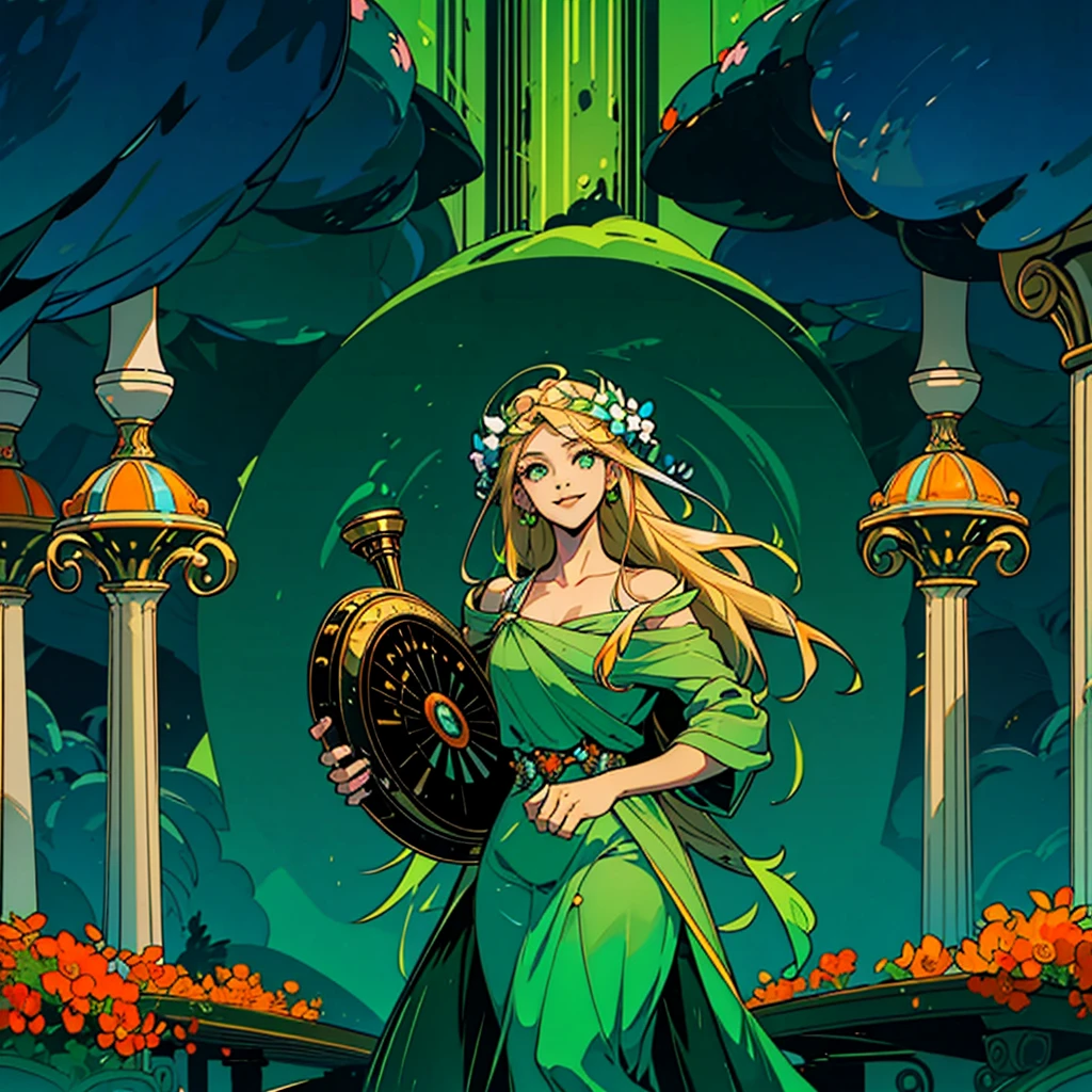 1woman, alone, 25 years old, young, blonde hair, green eyes, insister sur les reflets des yeux verts, well detailed eyes, cheveux blonds, long hair, green dress, robe verte, green outfit, green clothes, pure outfit, smiling, soft expression, hades style, hades game, Jen zee style, greek themed image, greek background, persephone, tartarus scenery, in a garden with orange flowers, fumes, greek columns in background, lots of columns, greek architecture, green themed image, black furniture, blue touches of color, orange walls, looking at viewer, holding a lyre, holding a musical instrument, soft themed image, hades, game, wiki