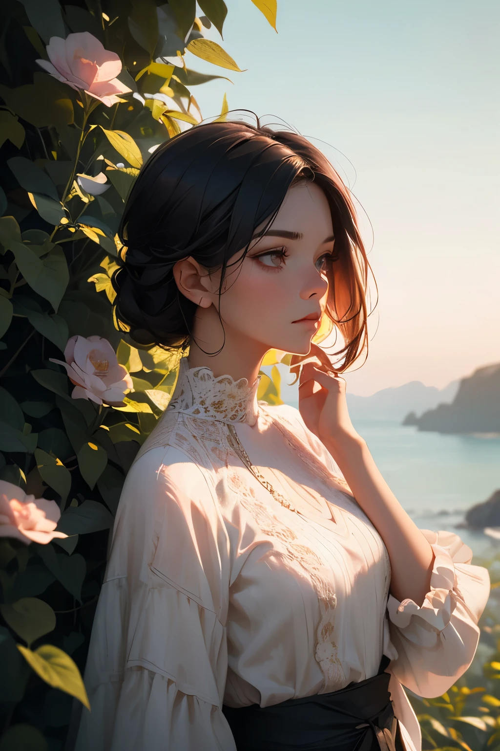 a woman, long shot of nature in background, cinematic depth, ultra-high definition of the woman's expression and surrounding elements, subtle pastel tones, elegant atmosphere,