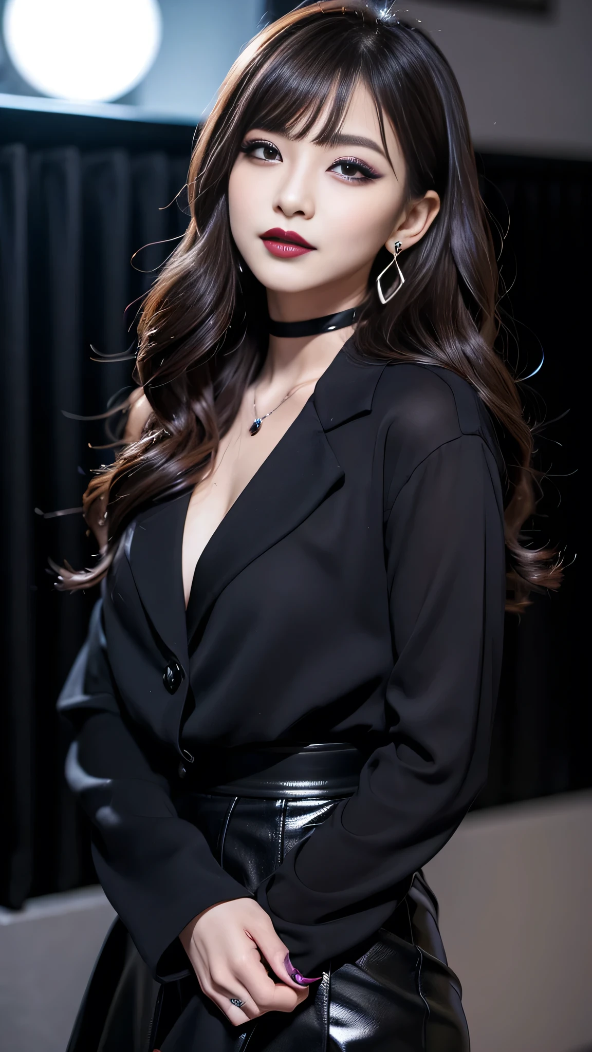 best quality、ultra-detailed、8k、Japanese、Japanese、Seductive beauty、seductive adult woman、Pretty Woman、cool girl、smirk、Wicked Smile、Villainess、brainwash makeup、Brainwashed、brainwash、Fallen into evil、Evil look、evil、Brown hair、wavy hair、swept bangs、dark makeup、piercing eyes、hollow eyes,half-closed eyes、Hollow Eyes、purple Eyeshadow、black lipstick、black lipglos、Purple Eyeshadow、black lipstick、black lip gloss、Dark Makeup、smirk、Whisper in my ear、Evil look、suit、Black jacket、White blouse、Black tight skirt、pantyhose、night、inside darkroom、Kiss、I have lipstick、Are standing、Look、Offer、shoot from below、Connected by many cords