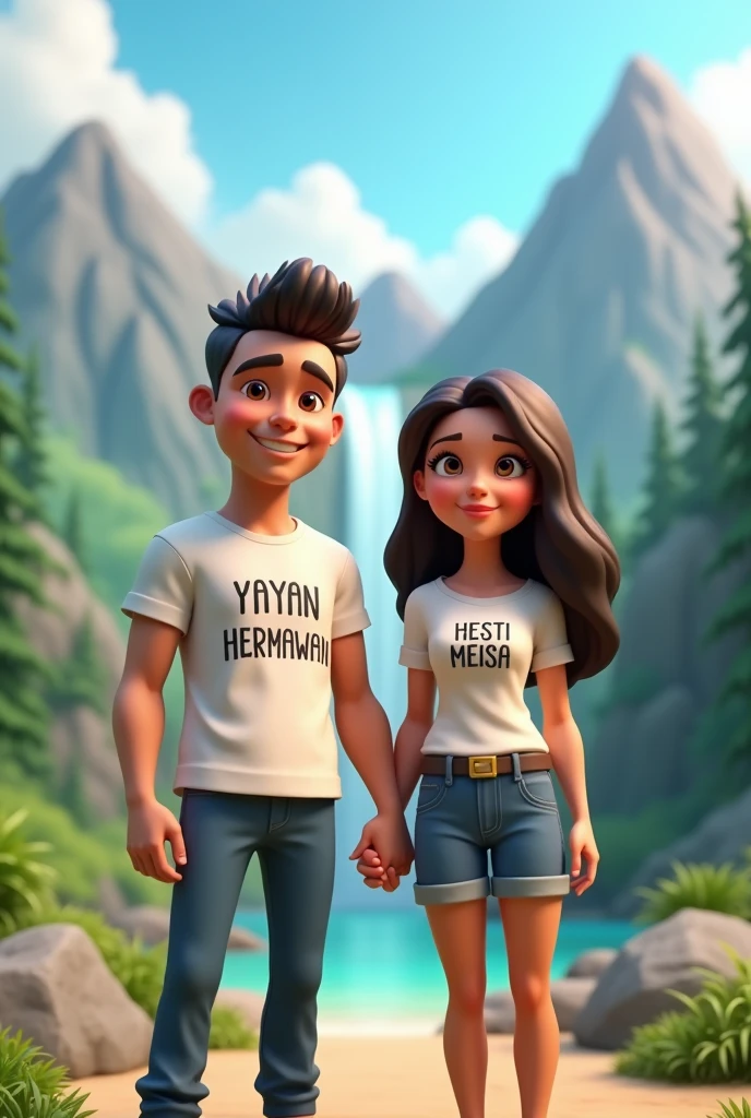 3D cartoon image of a handsome man wearing a t-shirt that says YAYAN HERMAWAN holding hands with a beautiful woman wearing a t-shirt that says HESTI MEISA with a beautiful background of mountains and waterfalls
