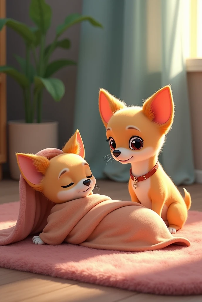 Small dog Chihuahua 2 Watching from a distance as one sleeps under a blanket Animated