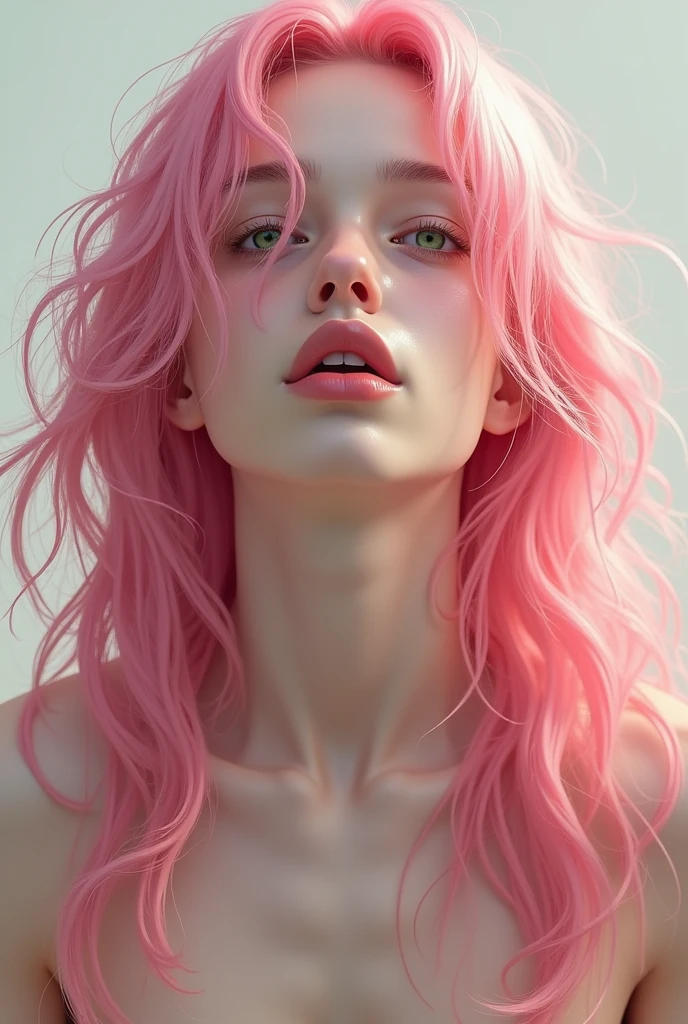 Femboy boy long pink hair, green eyes with one side blinking with a way and expression of orgasm 