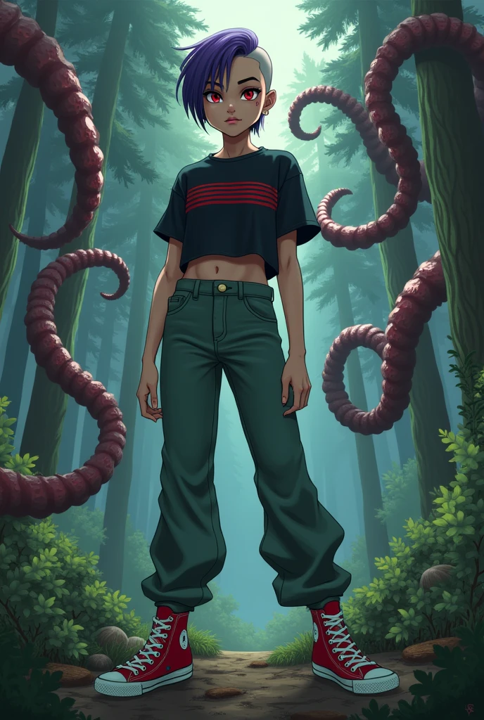 Please create a 17 year old WOMAN wearing a black SHORT sleeved blouse with horizontal RED STRIPES across the entire blouse, a dark pastel green pants, Red All Star Sneakers. She is in a pine forest fighting scary tentacles. She has a serious expression. His eyes are red and he has a piercing in his eyebrow., her hair is SHORT AND PURPLE SHAVED on the side. Draw a little more realistic
