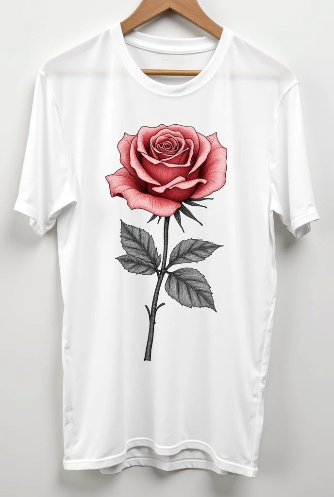 A white t-shirt with a drawing of a rose in the center