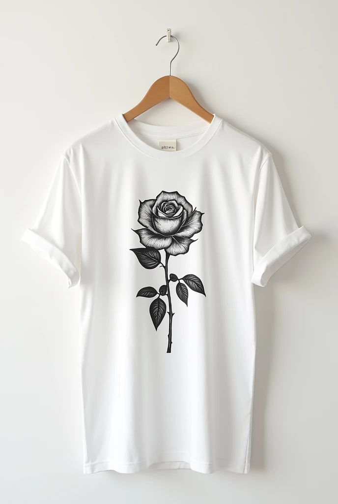 A white t-shirt with a drawing of a rose in the center 