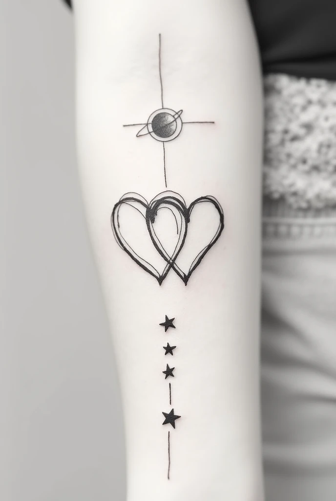 Create tattoo in lines without color, two hearts with a Saturn on one side and three stars in a line