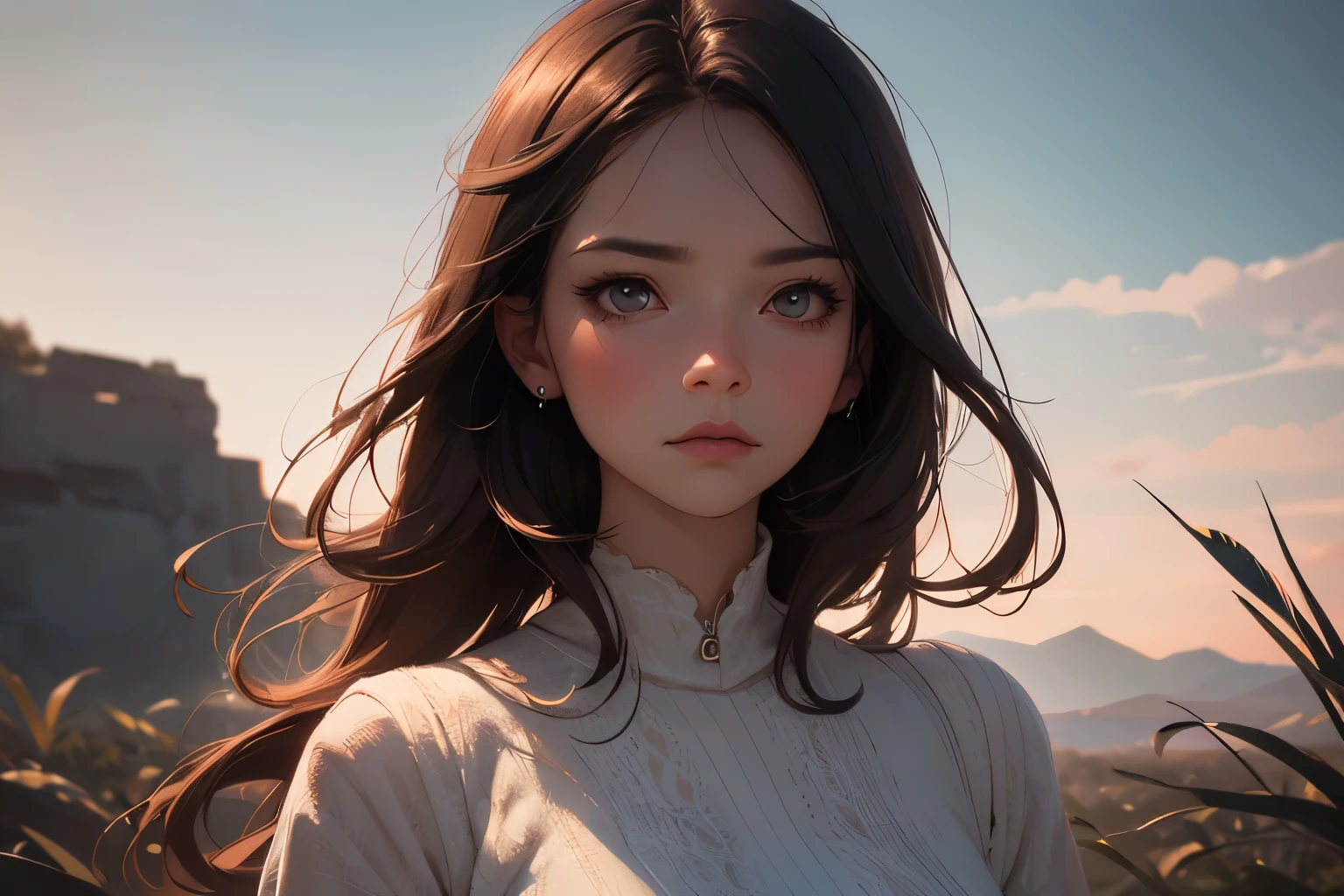 a woman, long shot of nature in background, cinematic depth, ultra-high definition of the woman's expression and surrounding elements, subtle pastel tones, elegant atmosphere,