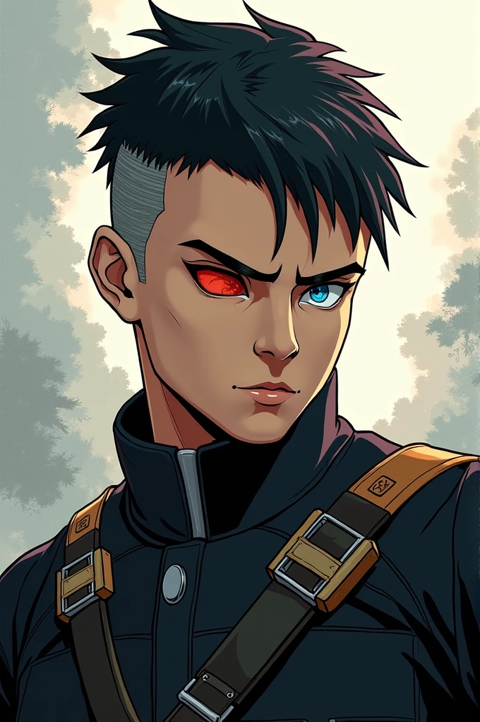 Dans un style manga un soldat de 25 ans aux cheveux noirs rasés sur les côté un peu comme un viking. Son oeil gauche est aveugle et a une cicatrice, son oeil droit est de couleur bleu. Il porte un uniforme noir et sa mâchoire est légèrement carrée