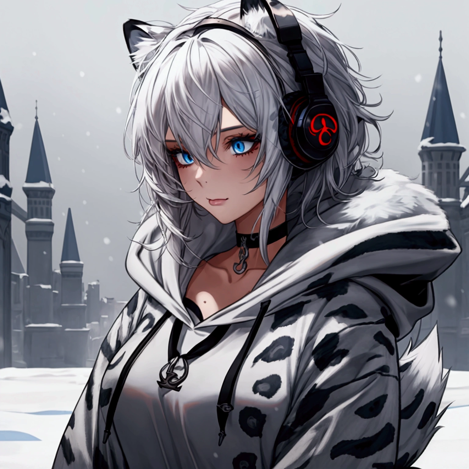 Woman, White Hair, Bangs, Messy Hair, Snow Leopard Ears, Snow Leopard Tail,Blue eyes, Slit Pupils, Mole Under Mouth, Anchor Choker, Headphones, Anatomically Correct, Accurate, Detail, HD, Hoodie,