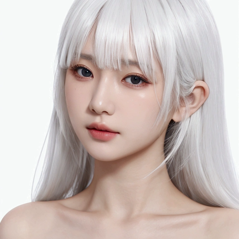 white hair girl, with bangs, white skin, Asian, head to shoulder photo, white background