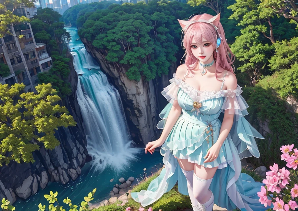 (Bird's eye view of the city),Garden-like city below,(Countless crowds:1.3),The high-rises of the future crisscross the sea,(Beautiful girl standing on a waterfall)，Bare shoulders, fcollarbone, Pleated skirt, bottomless, g-string,, Pink hair, Long hair, head phone, Female solo, Cat ears, grab chest, Medium breasts, choker, boots, pink thighhighs, bokeh, Uncensored, cover, head out of frame, Pink Theme, petals,(((Masterpiece))),(((Best quality))),((Ultra-detailed))((Extremely detailed CG)),((16k wallpaper))((An extremely delicate and beautiful)),{Photorealistic},Full body, Detailed light,full bloom,,,A masterpiece from the Canon EOS R6 shooting,((masterpiece)) ,cinematiclight,Unreal Engine 5,the creamy smooth skin