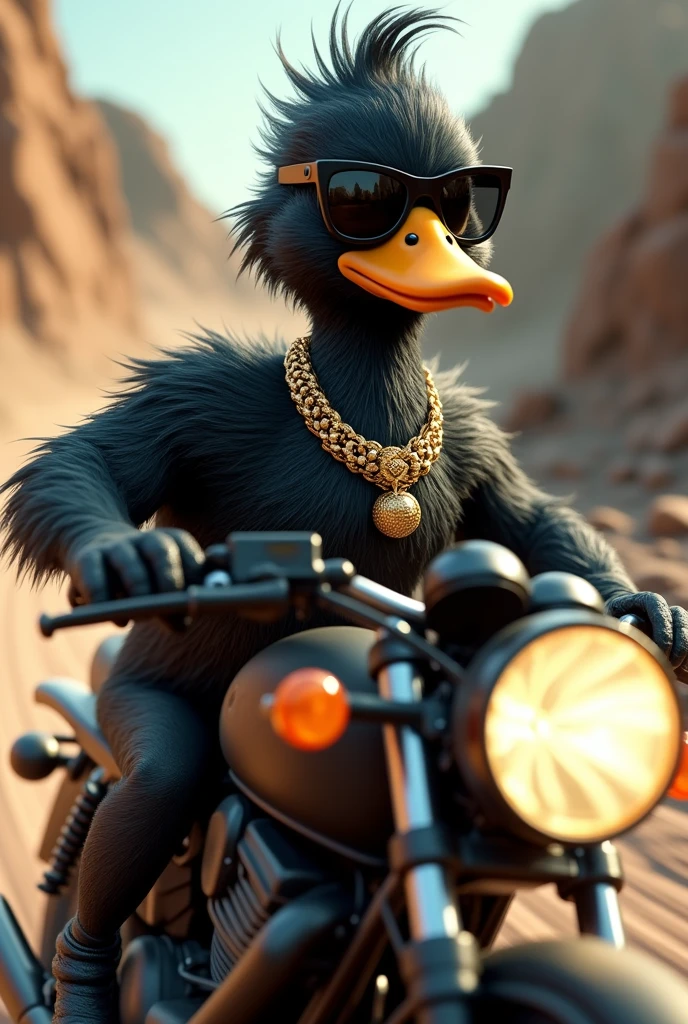 Black duck with sunglasses and gold chain, riding a motorcycle, High Speed Trail 
